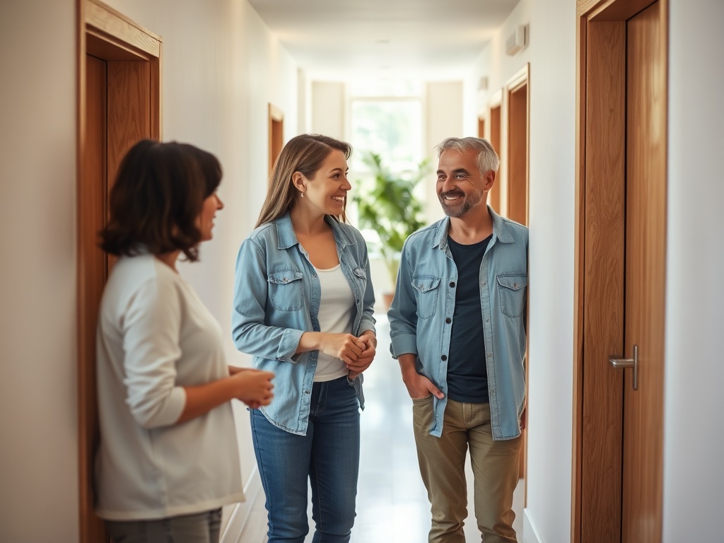 Трое людей общаются в коридоре с дверями, видны улыбки и дружеская атмосфера.