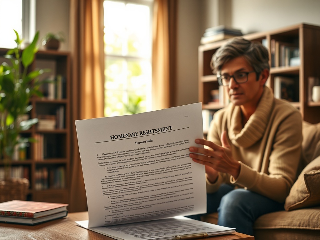 Человек читает документ с текстом о правах на жилье, сидя в уютной комнате с книгами и растениями.