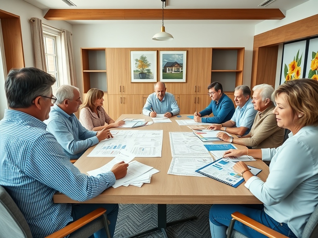 Несколько человек на собрании обсуждают документы и схемы на большом столе в светлом офисе.