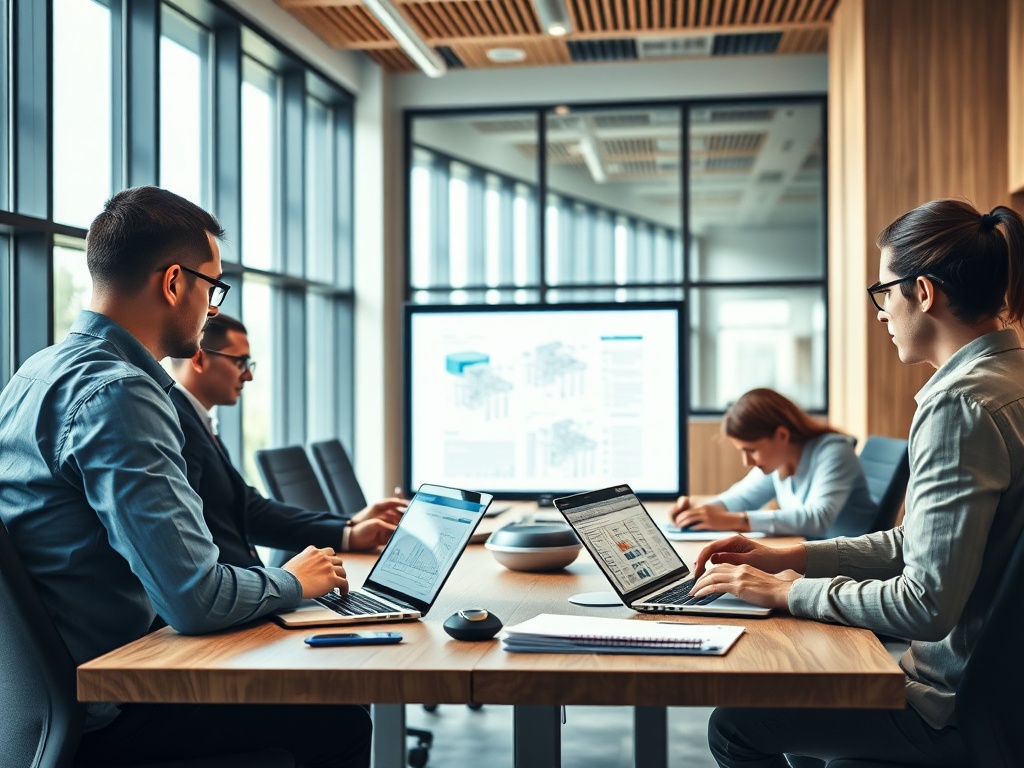 Четыре человека за столом в офисе, работают на ноутбуках, в фоновом режиме проектор с графиками.