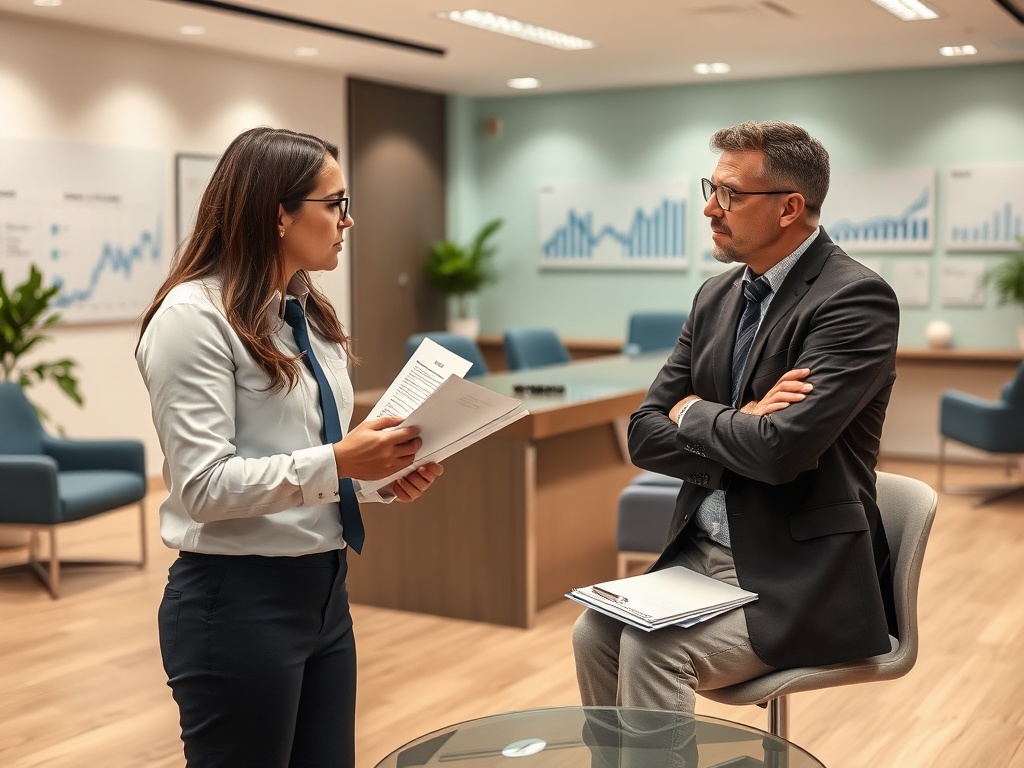 На изображении обсуждение документов между женщиной и мужчиной в современном офисе.
