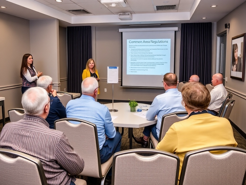 На собрании обсуждаются правила общего пользования в комнате с участниками, внимательно слушающими спикеров.