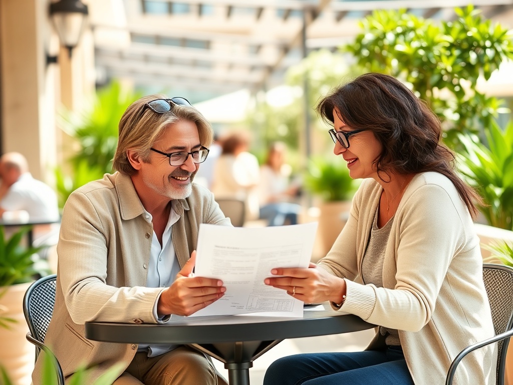 Два человека в кафе, читают документы и улыбаются друг другу, окруженные зелеными растениями.