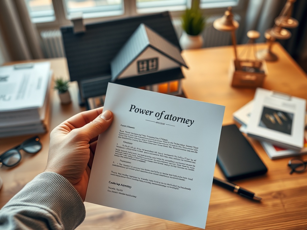 Документ "Доверенность", держащийся на фоне стола с офисными предметами и моделью дома.