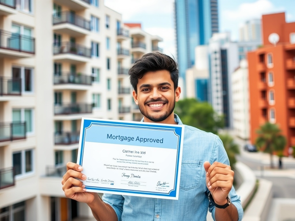 Мужчина с улыбкой держит сертификат "Ипотека одобрена" на фоне современных зданий.