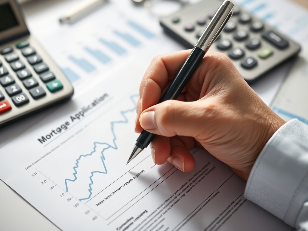 Рука с ручкой заполняет анкету на ипотечный кредит на фоне документов и калькулятора.