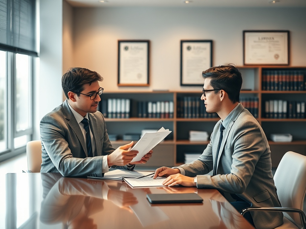 Два молодые человека в костюмах обсуждают документы в офисе, сидя за столом.