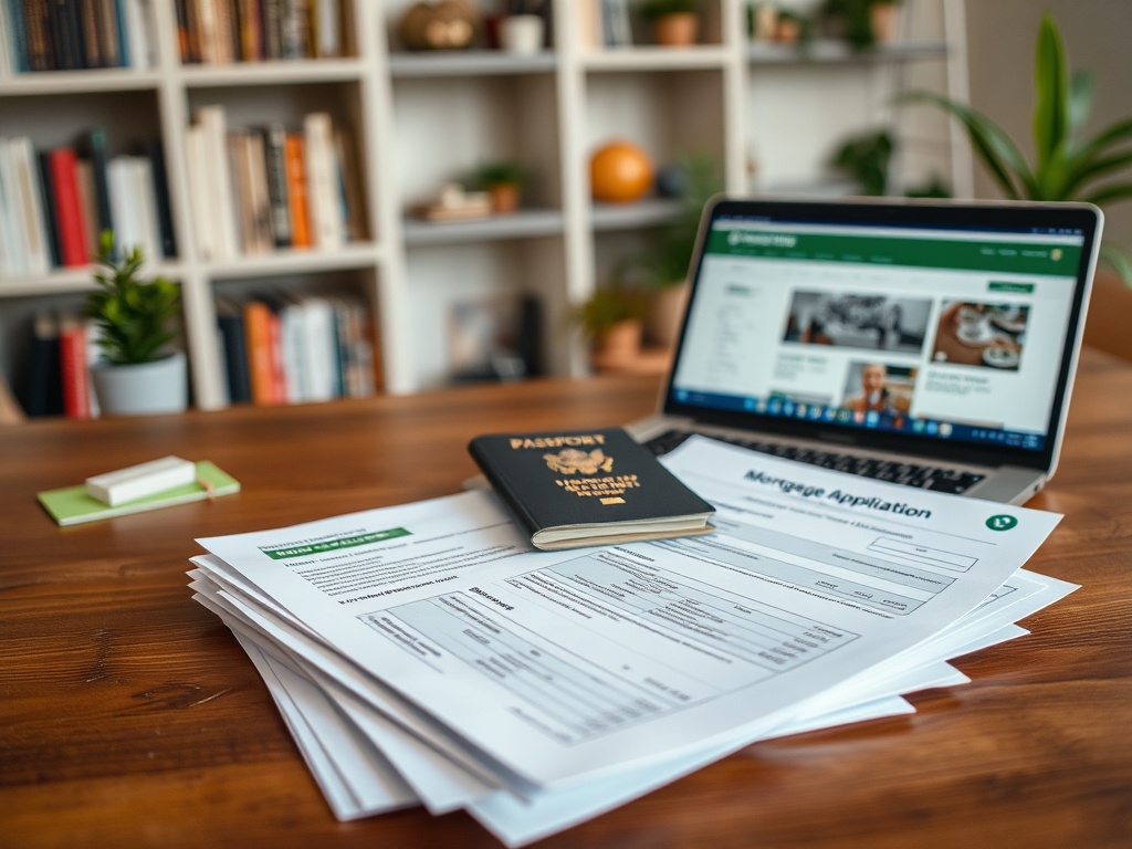 На столе находятся документы, паспорт и ноутбук с веб-сайтом по ипотечным кредитам.
